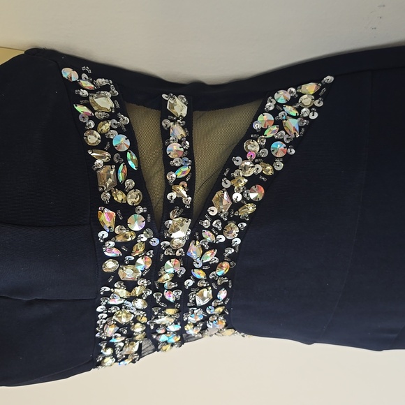 Crystal Doll Navy Blue Halter Neck Beaded Sequins Sheer Size S - Picture 4 of 9